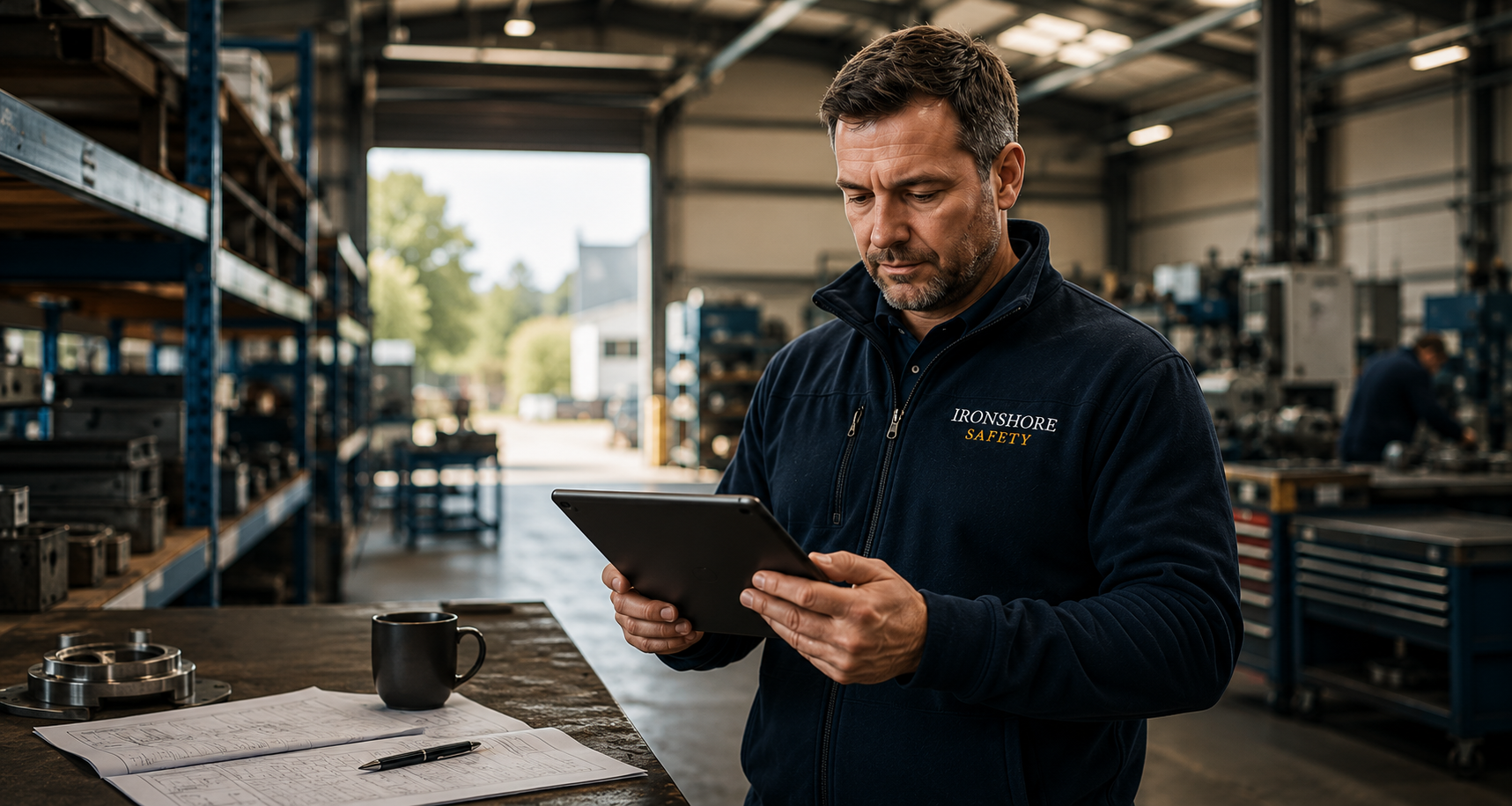 Ironshore Safety consultant reviewing documentation on a tablet in a client's workshop
